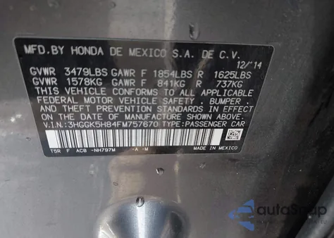 2015 Honda Fit Ex/Ex-L from USA, damaged, VIN 3HGGK5H84FM757670